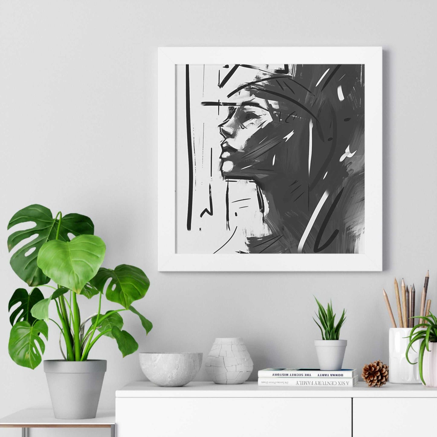 Framed Poster Transform your space with our stunning framed art, where dreamlike visions meet abstract creativity. Available in various sizes, each piece invites you into a world "Through The Window" - Sleek Black and White Minimalist Framed VerticPosterWindow - Framed Vertical PosterEndlessMind Creations Printify