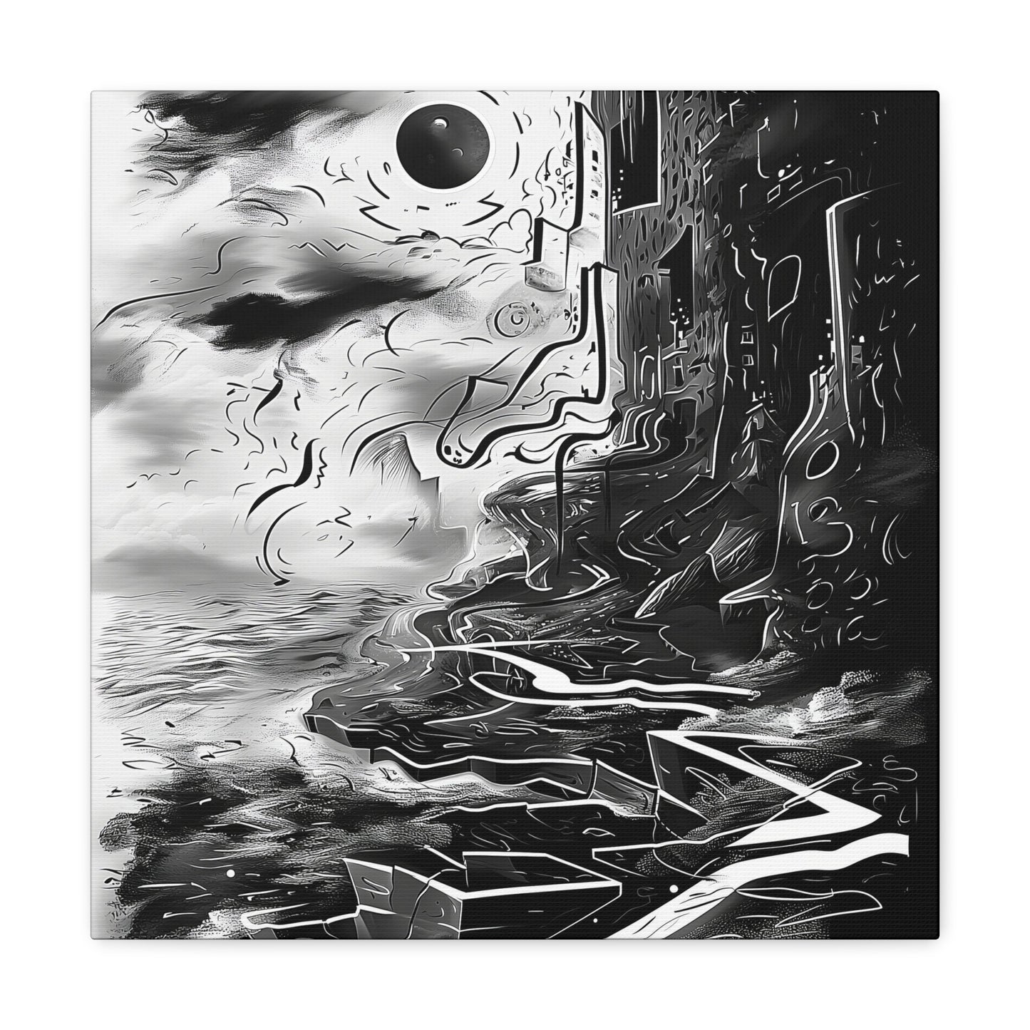Transform your space with our stunning canvas wall art, where dreamlike visions meet abstract creativity. Available in small, medium, and large sizes, each canvas pi"Gone" - Monochromatic Cliff Above Water | Abstract Canvas Wrap Wall ACanvas- Canvas Gallery WrapsEndlessMind Creations Printify