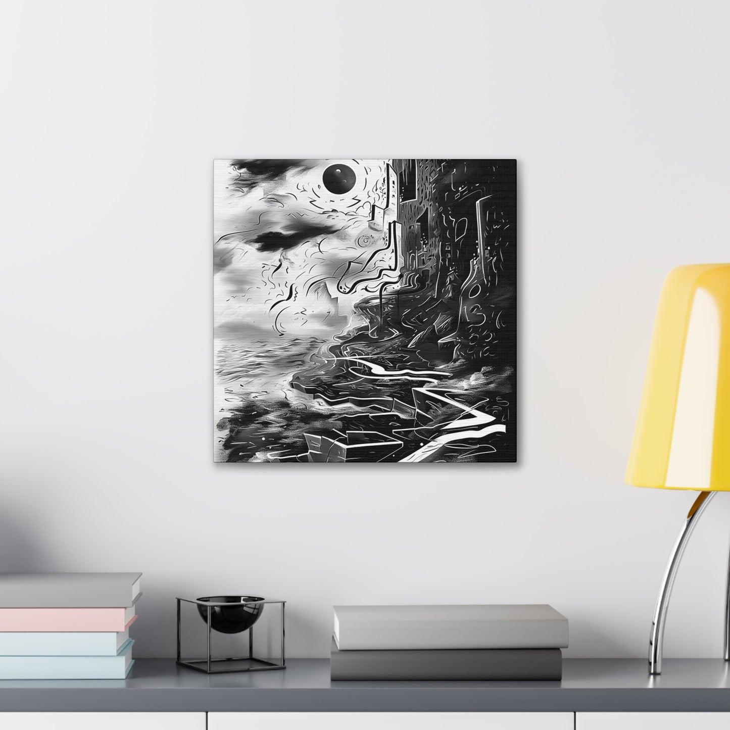 Transform your space with our stunning canvas wall art, where dreamlike visions meet abstract creativity. Available in small, medium, and large sizes, each canvas pi"Gone" - Monochromatic Cliff Above Water | Abstract Canvas Wrap Wall ACanvas- Canvas Gallery WrapsEndlessMind Creations Printify