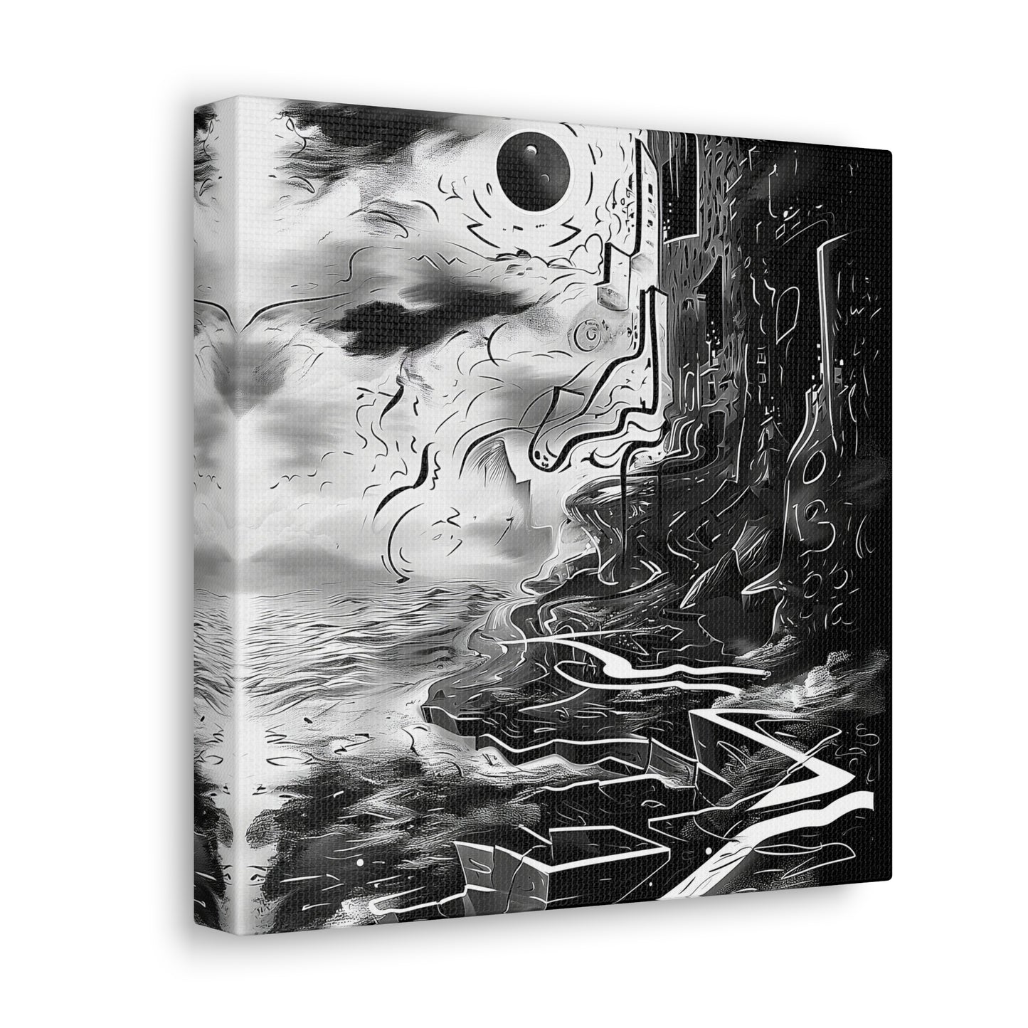 Transform your space with our stunning canvas wall art, where dreamlike visions meet abstract creativity. Available in small, medium, and large sizes, each canvas pi"Gone" - Monochromatic Cliff Above Water | Abstract Canvas Wrap Wall ACanvas- Canvas Gallery WrapsEndlessMind Creations Printify
