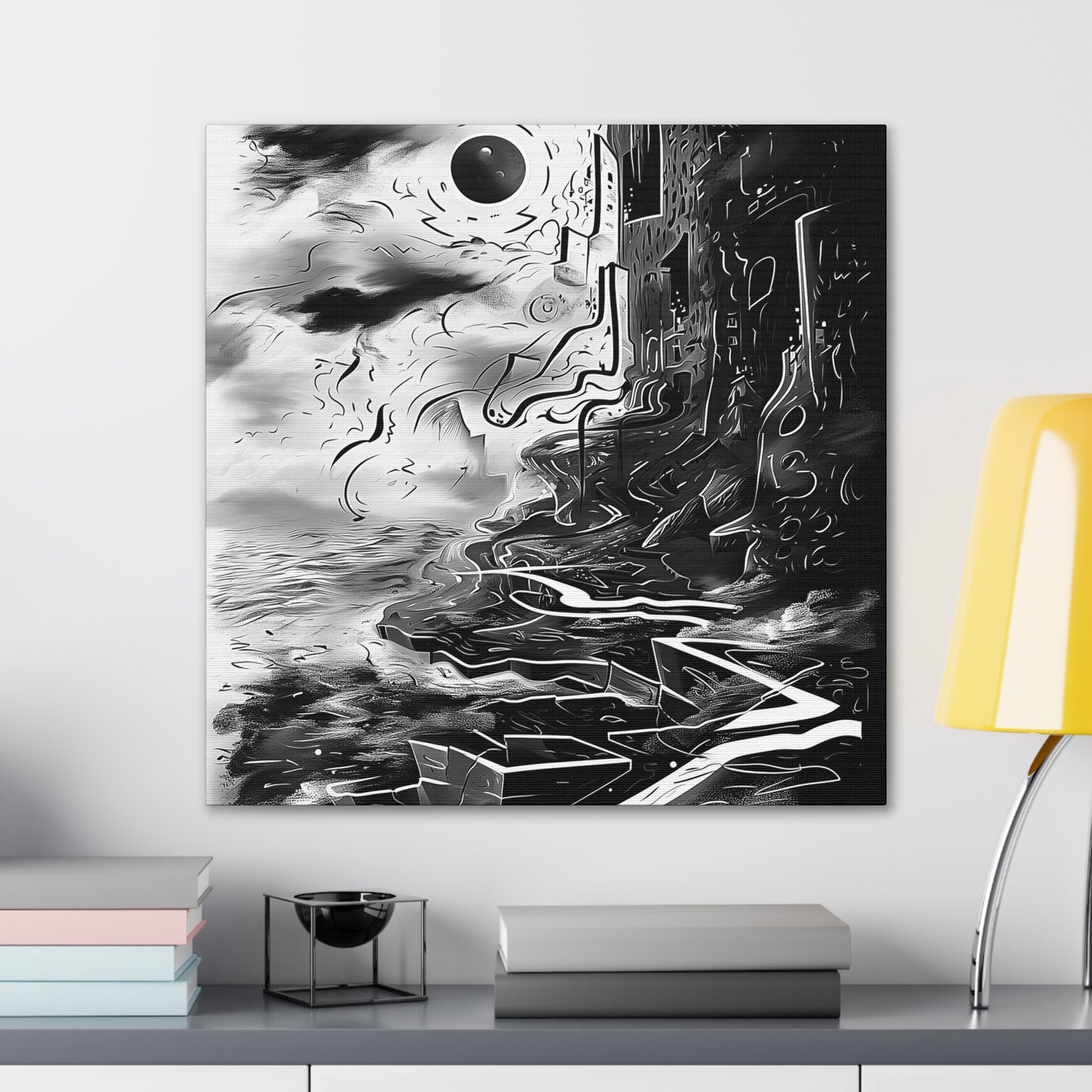 Transform your space with our stunning canvas wall art, where dreamlike visions meet abstract creativity. Available in small, medium, and large sizes, each canvas pi"Gone" - Monochromatic Cliff Above Water | Abstract Canvas Wrap Wall ACanvas- Canvas Gallery WrapsEndlessMind Creations Printify