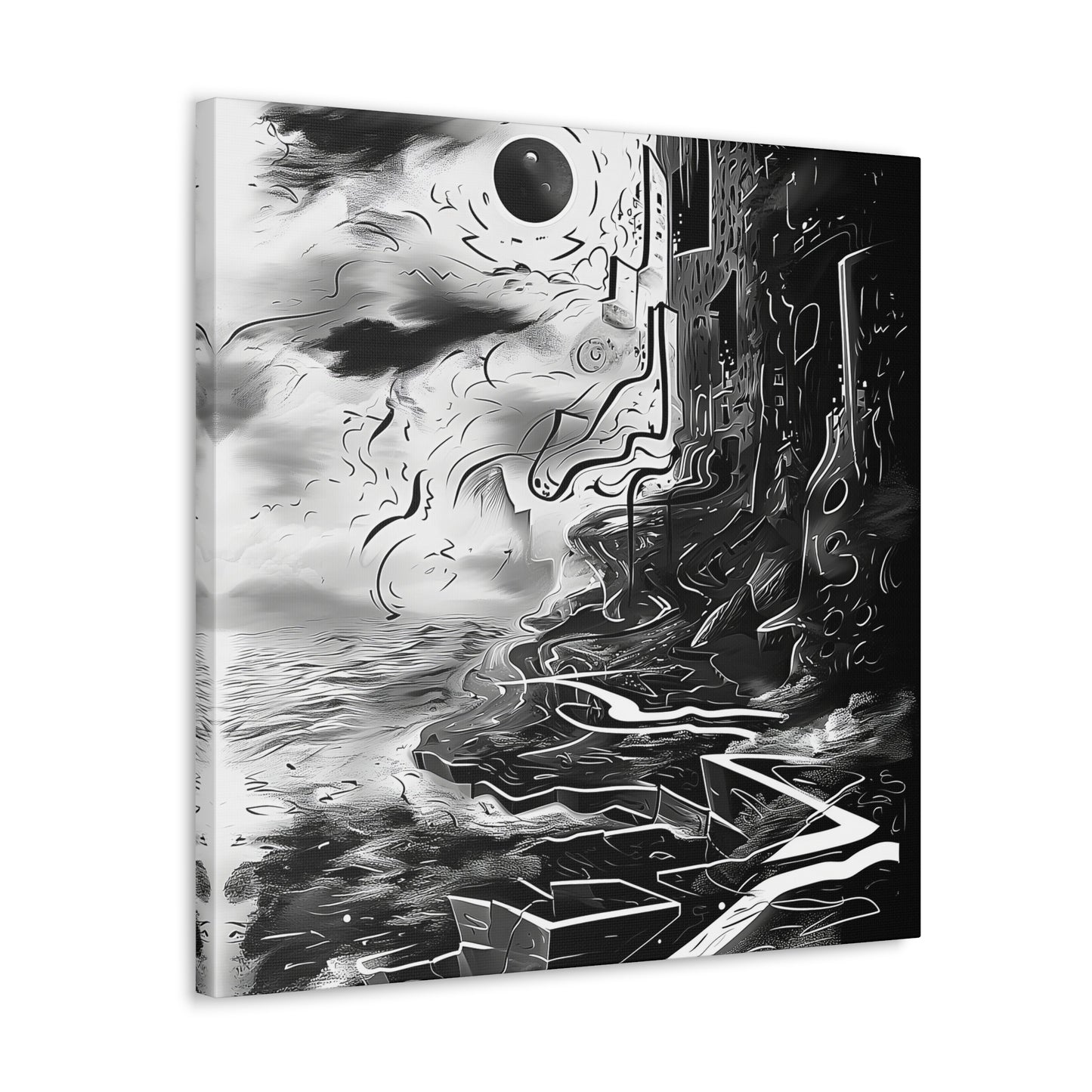 Transform your space with our stunning canvas wall art, where dreamlike visions meet abstract creativity. Available in small, medium, and large sizes, each canvas pi"Gone" - Monochromatic Cliff Above Water | Abstract Canvas Wrap Wall ACanvas- Canvas Gallery WrapsEndlessMind Creations Printify