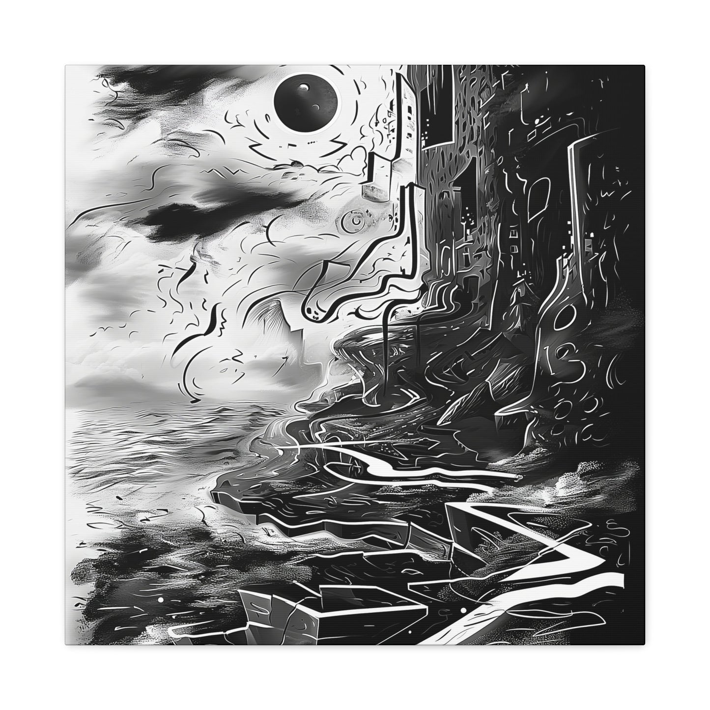 Transform your space with our stunning canvas wall art, where dreamlike visions meet abstract creativity. Available in small, medium, and large sizes, each canvas pi"Gone" - Monochromatic Cliff Above Water | Abstract Canvas Wrap Wall ACanvas- Canvas Gallery WrapsEndlessMind Creations Printify