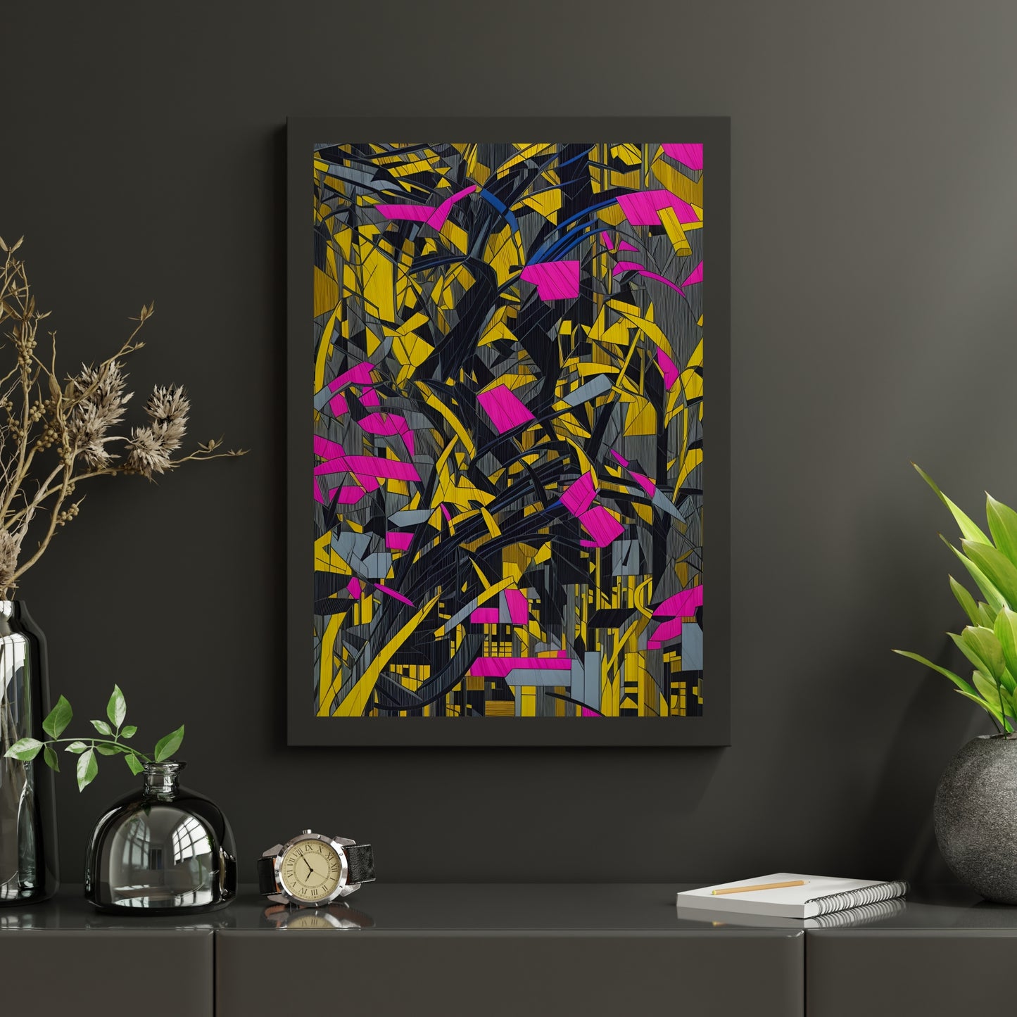 Transform your space with our stunning framed art, where dreamlike visions meet abstract creativity. Available in various sizes, each piece invites you into a world "Broken Thoughts Gold" - Abstract Shattered Pink, Black and Gold PrintPosterBroken Thoughts Gold - Vertical Framed PosterEndlessMind Creations Printify