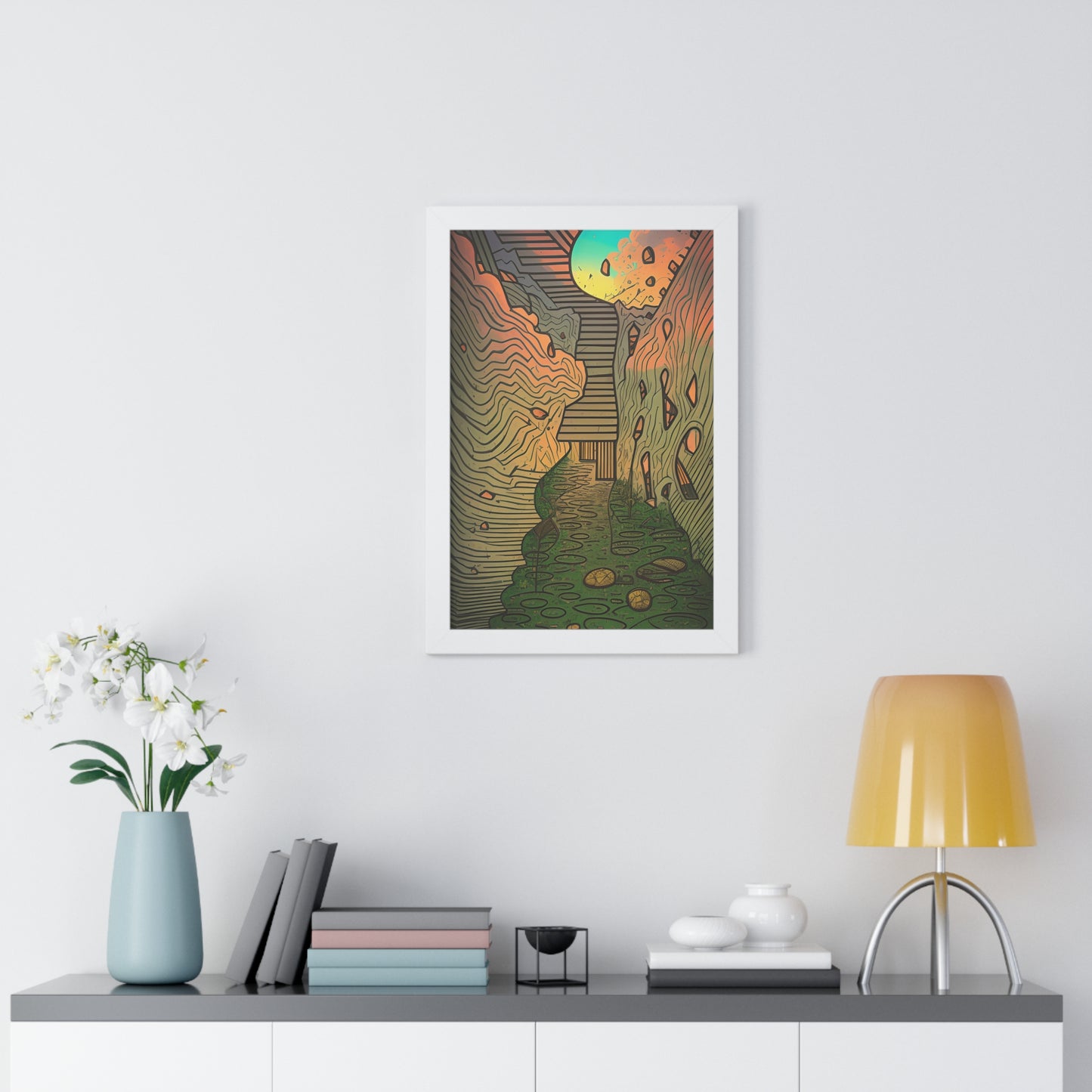 Transform your space with our stunning framed art, where dreamlike visions meet abstract creativity. Available in various sizes, each piece invites you into a world "Climb Up" - Whimsical Dream-like Browns and Greens | AI Generated FraPoster- Framed Vertical PosterEndlessMind Creations Printify