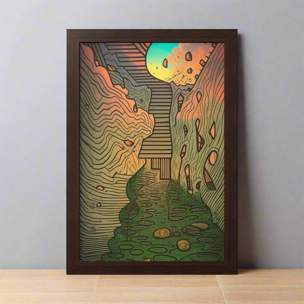 Transform your space with our stunning framed art, where dreamlike visions meet abstract creativity. Available in various sizes, each piece invites you into a world "Climb Up" - Whimsical Dream-like Browns and Greens | AI Generated FraPoster- Framed Vertical PosterEndlessMind Creations Printify