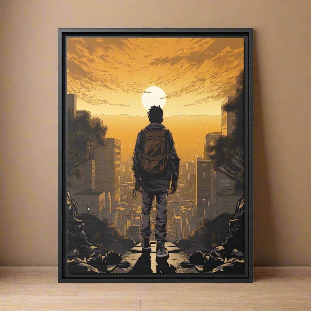 sunset canvas wall art golden sunset overcast a city, young man ponders his future, black art, black owned