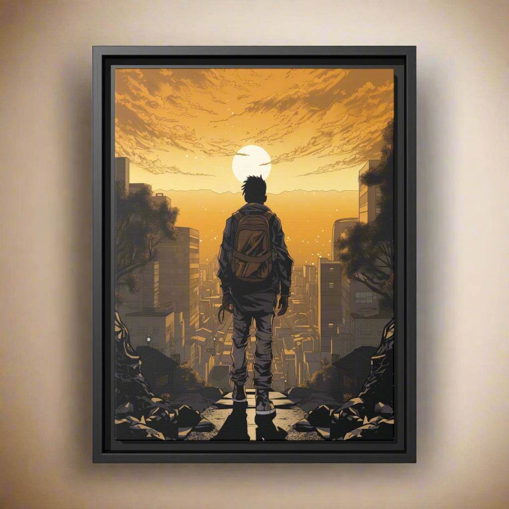 sunset canvas wall art golden sunset overcast a city, young man ponders his future, black art, black owned