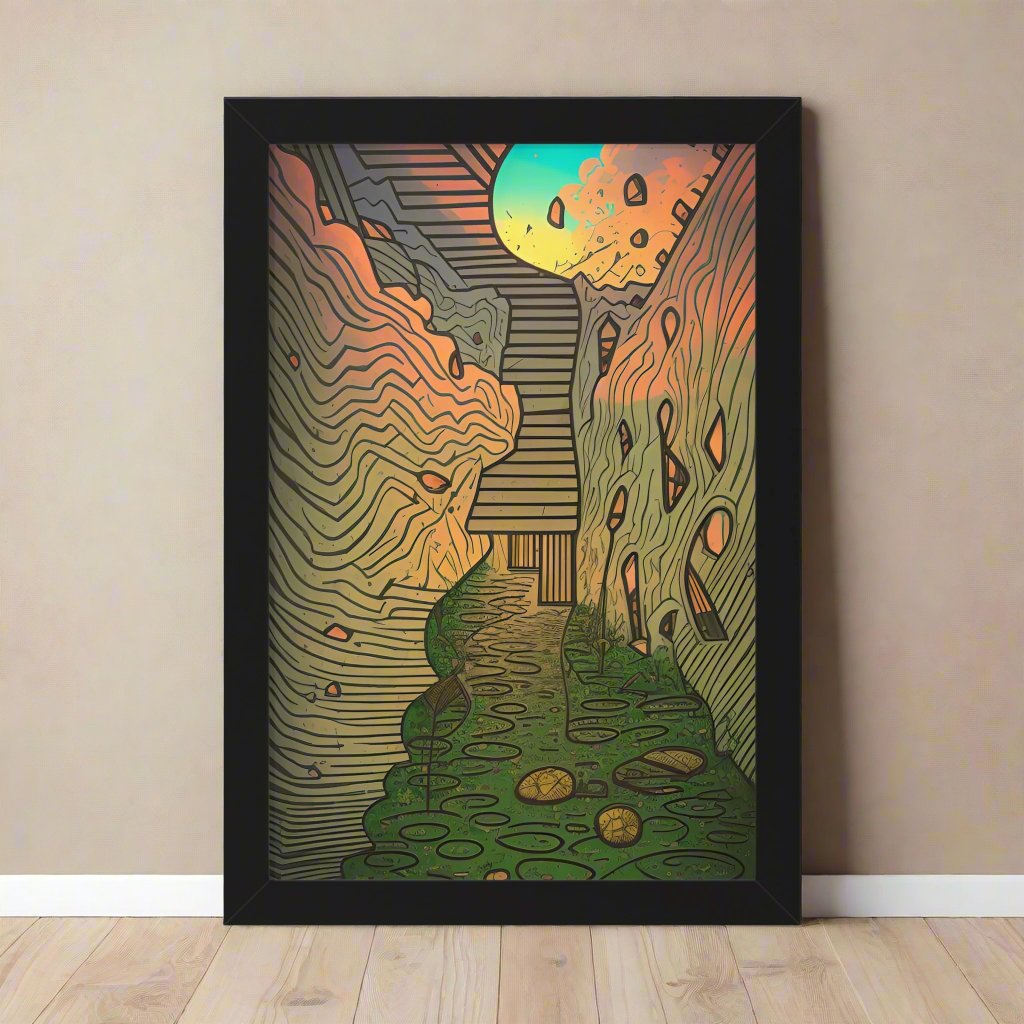 Transform your space with our stunning framed art, where dreamlike visions meet abstract creativity. Available in various sizes, each piece invites you into a world "Climb Up" - Whimsical Dream-like Browns and Greens | AI Generated FraPoster- Framed Vertical PosterEndlessMind Creations Printify