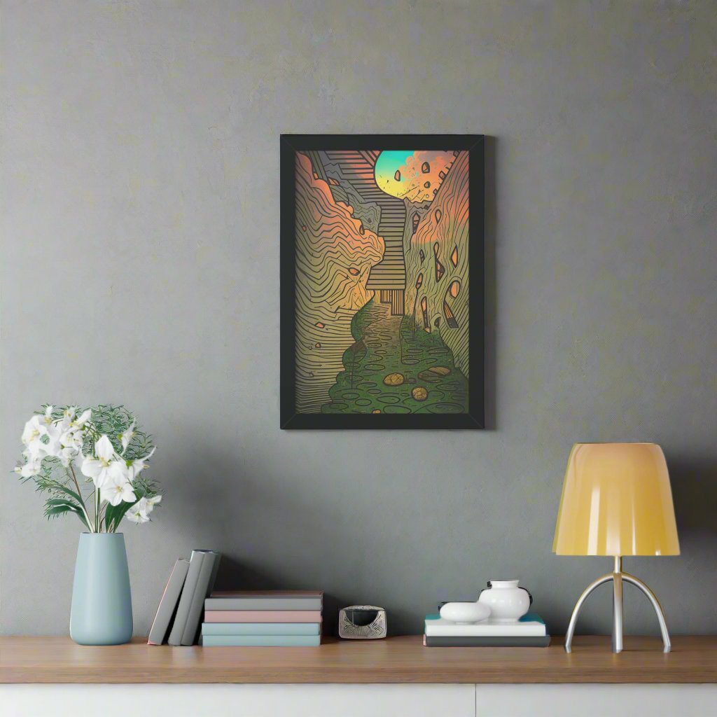 Transform your space with our stunning framed art, where dreamlike visions meet abstract creativity. Available in various sizes, each piece invites you into a world "Climb Up" - Whimsical Dream-like Browns and Greens | AI Generated FraPoster- Framed Vertical PosterEndlessMind Creations Printify