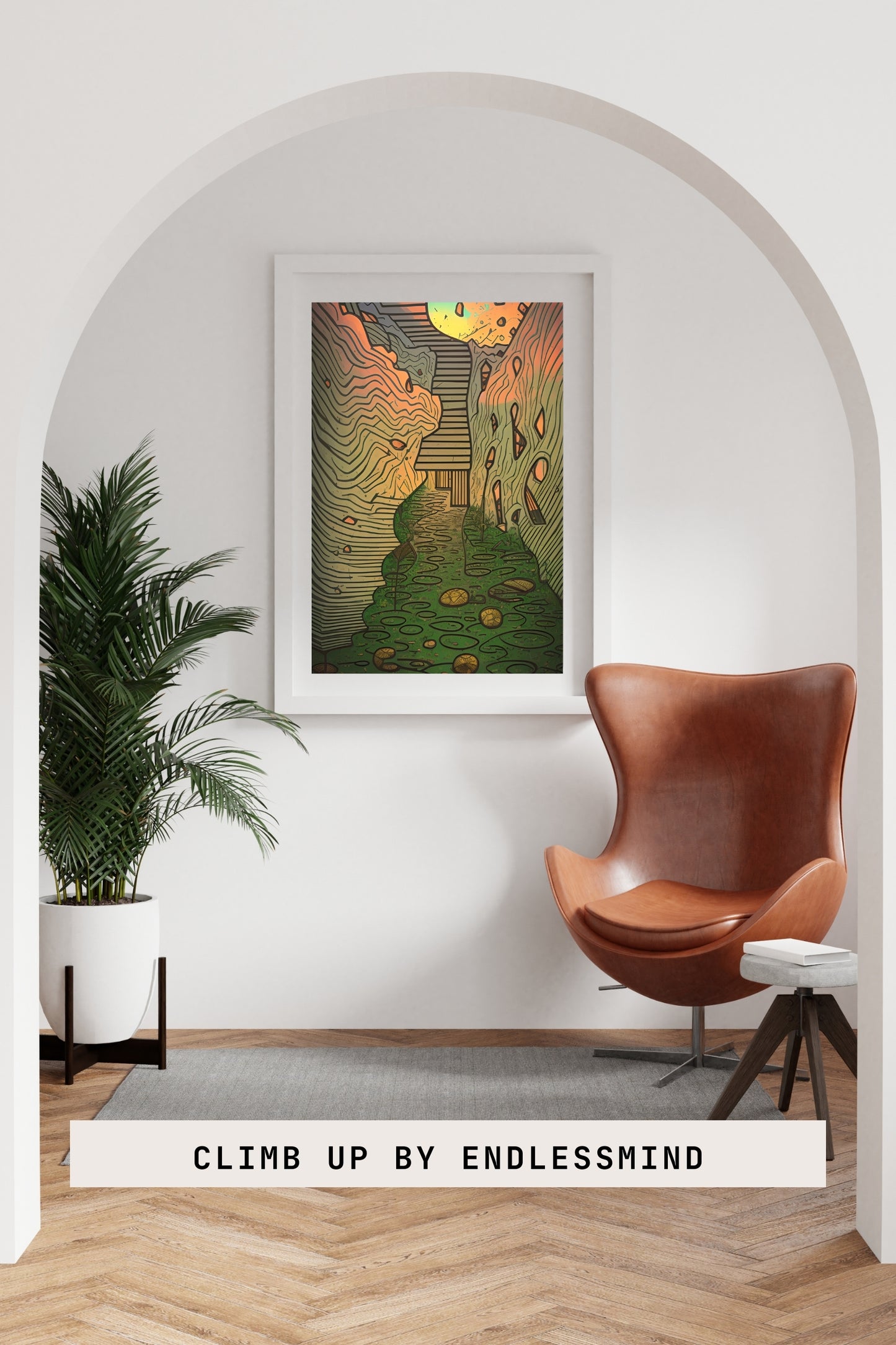 Transform your space with our stunning framed art, where dreamlike visions meet abstract creativity. Available in various sizes, each piece invites you into a world "Climb Up" - Whimsical Dream-like Browns and Greens | AI Generated FraPoster- Framed Vertical PosterEndlessMind Creations Printify