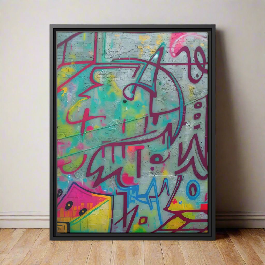 Every print in a black pinewood frame will look sleek and beautiful in any interior. Your original designs will be printed on the cotton-polyester canvas with a spec"AMone't Graffiti Extended" - Colorful Retro Abstract Wall Art | MatteCanvasGraffiti - Matte Canvas, Black FrameEndlessMind Creations Printify