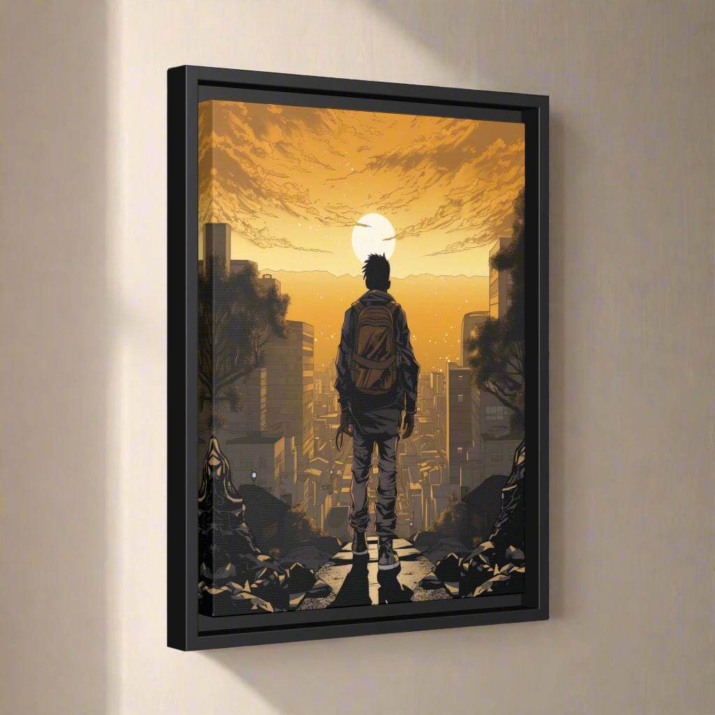 sunset canvas wall art golden sunset overcast a city, young man ponders his future, black art, black owned