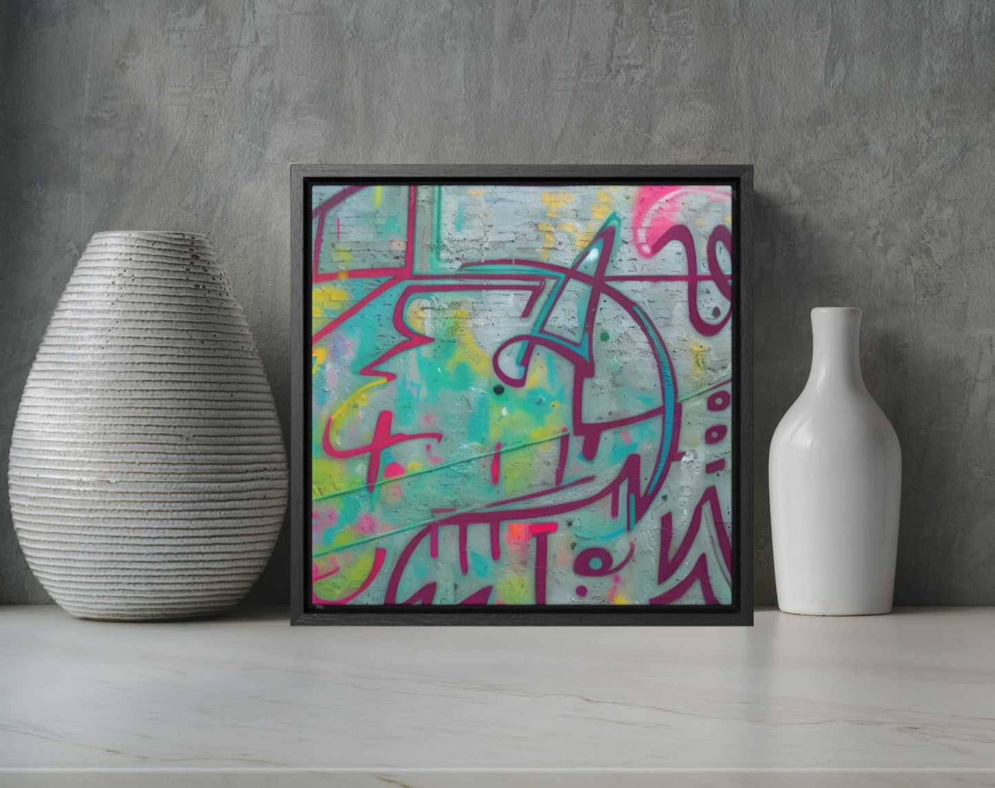 Let your personality be reflected on the artwork adorning your walls. This square gallery wrapped canvas print will always look as tight and flat as the day it was m"AMone't Graffiti" - Colorful Abstract Wall Art | Square Frame CanvasCanvasGraffiti - Gallery Canvas Wraps, Square FrameEndlessMind Creations Printify