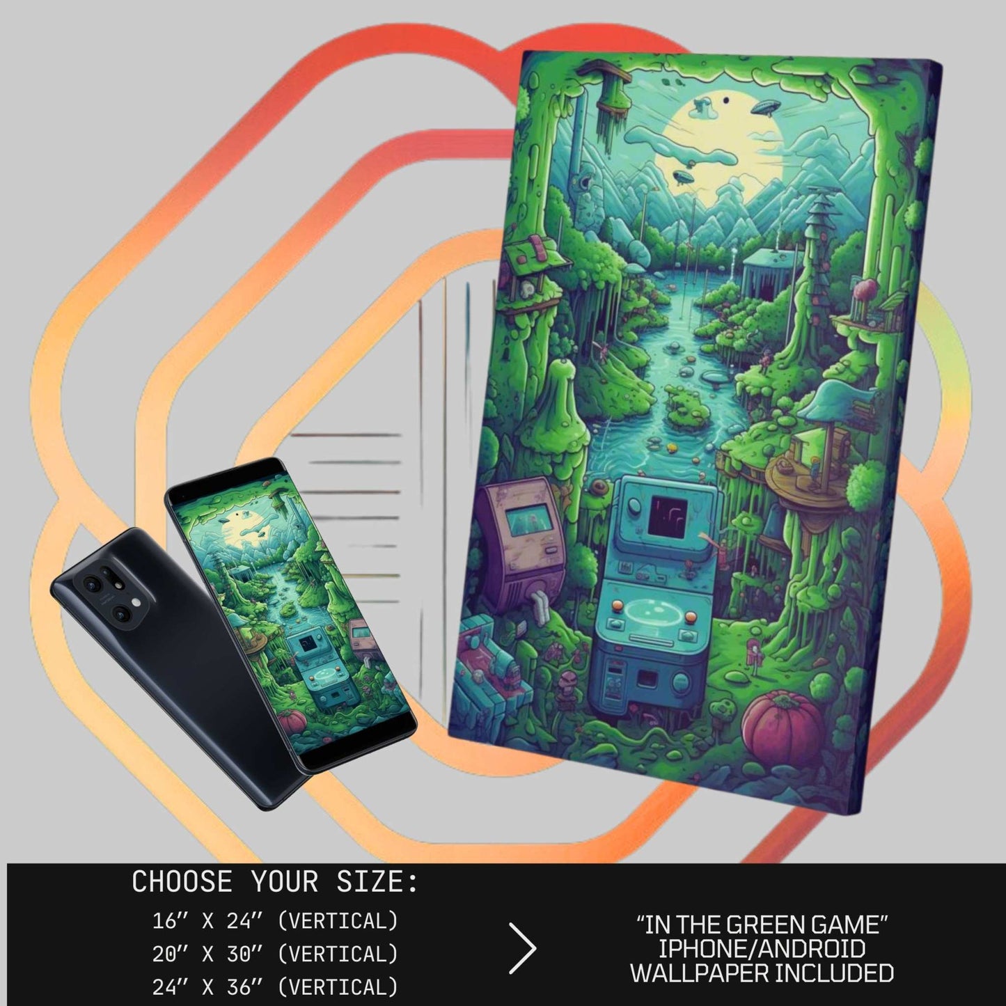 "In the Green Game" - Wall Art | Vivid greens and blues | Gamer Wall Decor