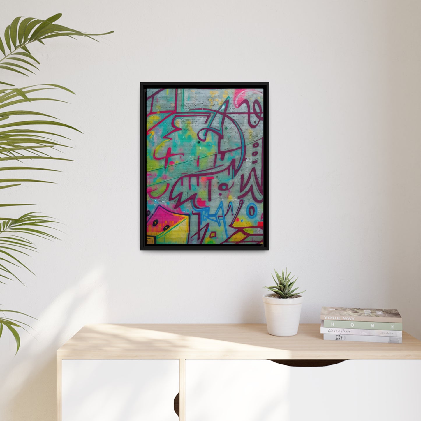 Every print in a black pinewood frame will look sleek and beautiful in any interior. Your original designs will be printed on the cotton-polyester canvas with a spec"AMone't Graffiti Extended" - Colorful Retro Abstract Wall Art | MatteCanvasGraffiti - Matte Canvas, Black FrameEndlessMind Creations Printify