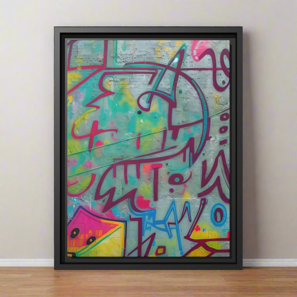Every print in a black pinewood frame will look sleek and beautiful in any interior. Your original designs will be printed on the cotton-polyester canvas with a spec"AMone't Graffiti Extended" - Colorful Retro Abstract Wall Art | MatteCanvasGraffiti - Matte Canvas, Black FrameEndlessMind Creations Printify