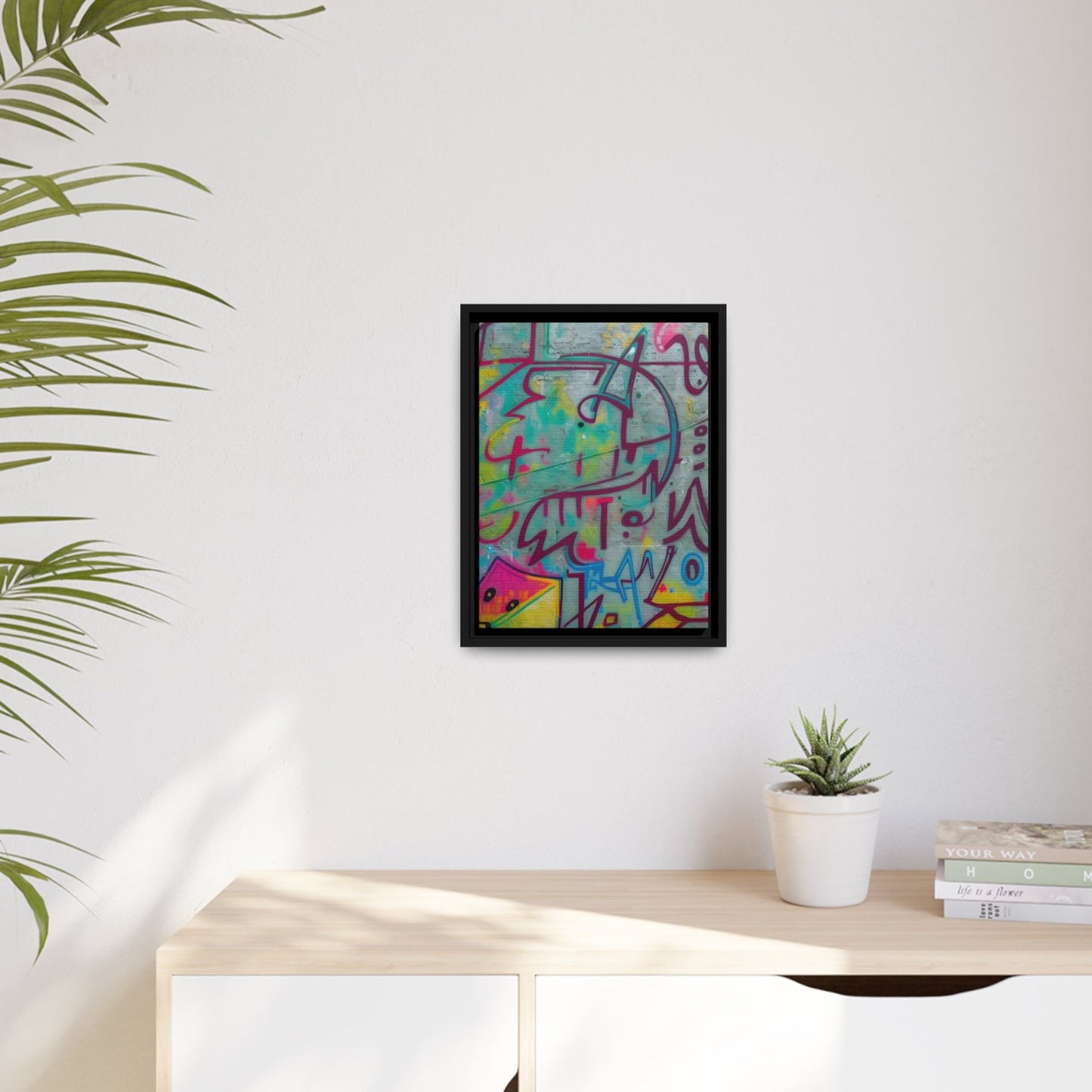 Every print in a black pinewood frame will look sleek and beautiful in any interior. Your original designs will be printed on the cotton-polyester canvas with a spec"AMone't Graffiti Extended" - Colorful Retro Abstract Wall Art | MatteCanvasGraffiti - Matte Canvas, Black FrameEndlessMind Creations Printify