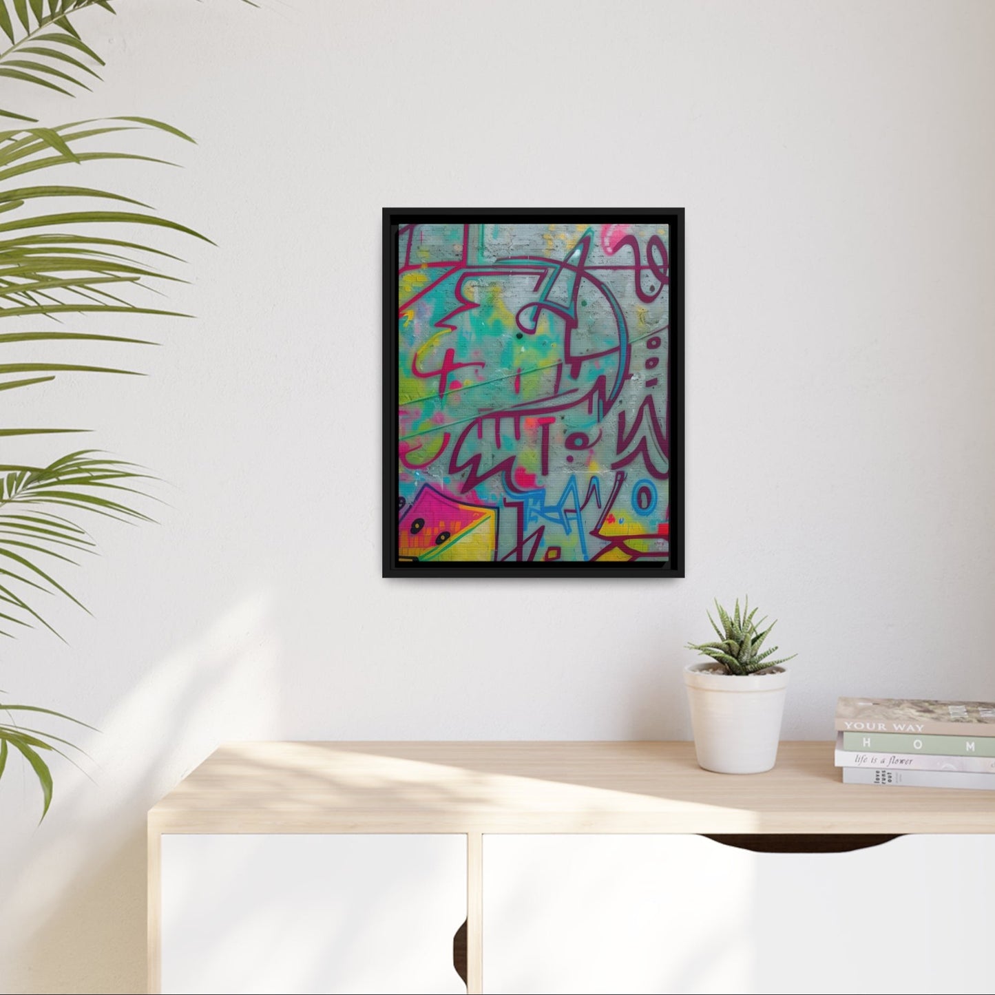 Every print in a black pinewood frame will look sleek and beautiful in any interior. Your original designs will be printed on the cotton-polyester canvas with a spec"AMone't Graffiti Extended" - Colorful Retro Abstract Wall Art | MatteCanvasGraffiti - Matte Canvas, Black FrameEndlessMind Creations Printify