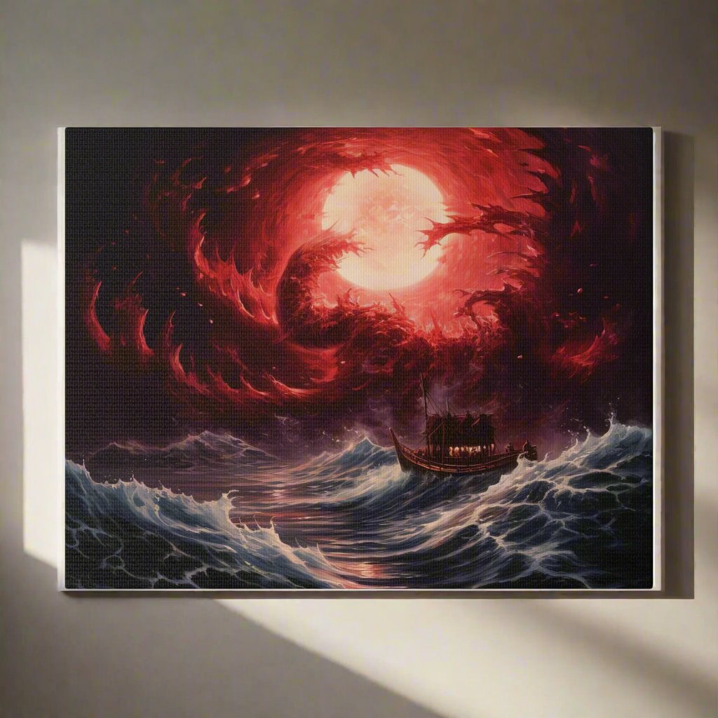 Transform your space with our stunning canvas wall art, where dreamlike visions meet abstract creativity. Available in small, medium, and large sizes, each canvas pi"RedDream" - Stormy Waves, Boat Against Red Sunset | AI generated WallCanvasRedDream - Matte Canvas, Stretched, 0EndlessMind Creations Printify