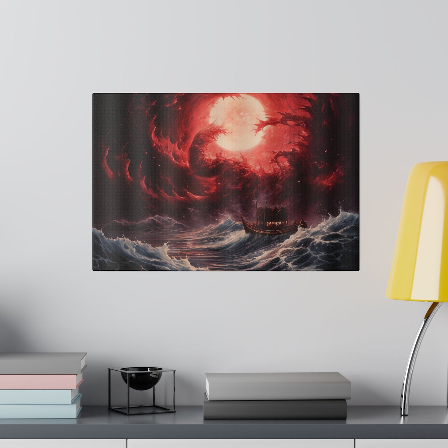 Transform your space with our stunning canvas wall art, where dreamlike visions meet abstract creativity. Available in small, medium, and large sizes, each canvas pi"RedDream" - Stormy Waves, Boat Against Red Sunset | AI generated WallCanvasRedDream - Matte Canvas, Stretched, 0EndlessMind Creations Printify