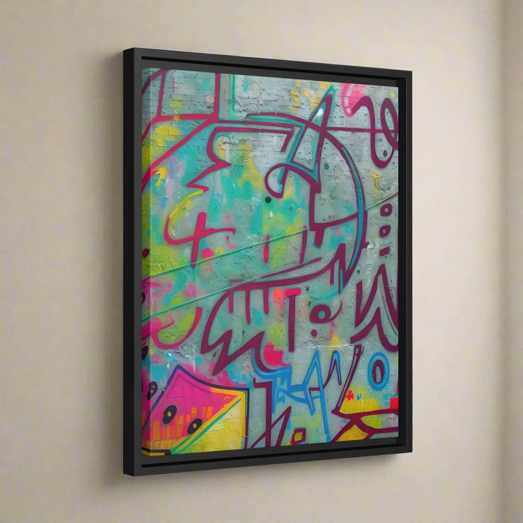Every print in a black pinewood frame will look sleek and beautiful in any interior. Your original designs will be printed on the cotton-polyester canvas with a spec"AMone't Graffiti Extended" - Colorful Retro Abstract Wall Art | MatteCanvasGraffiti - Matte Canvas, Black FrameEndlessMind Creations Printify