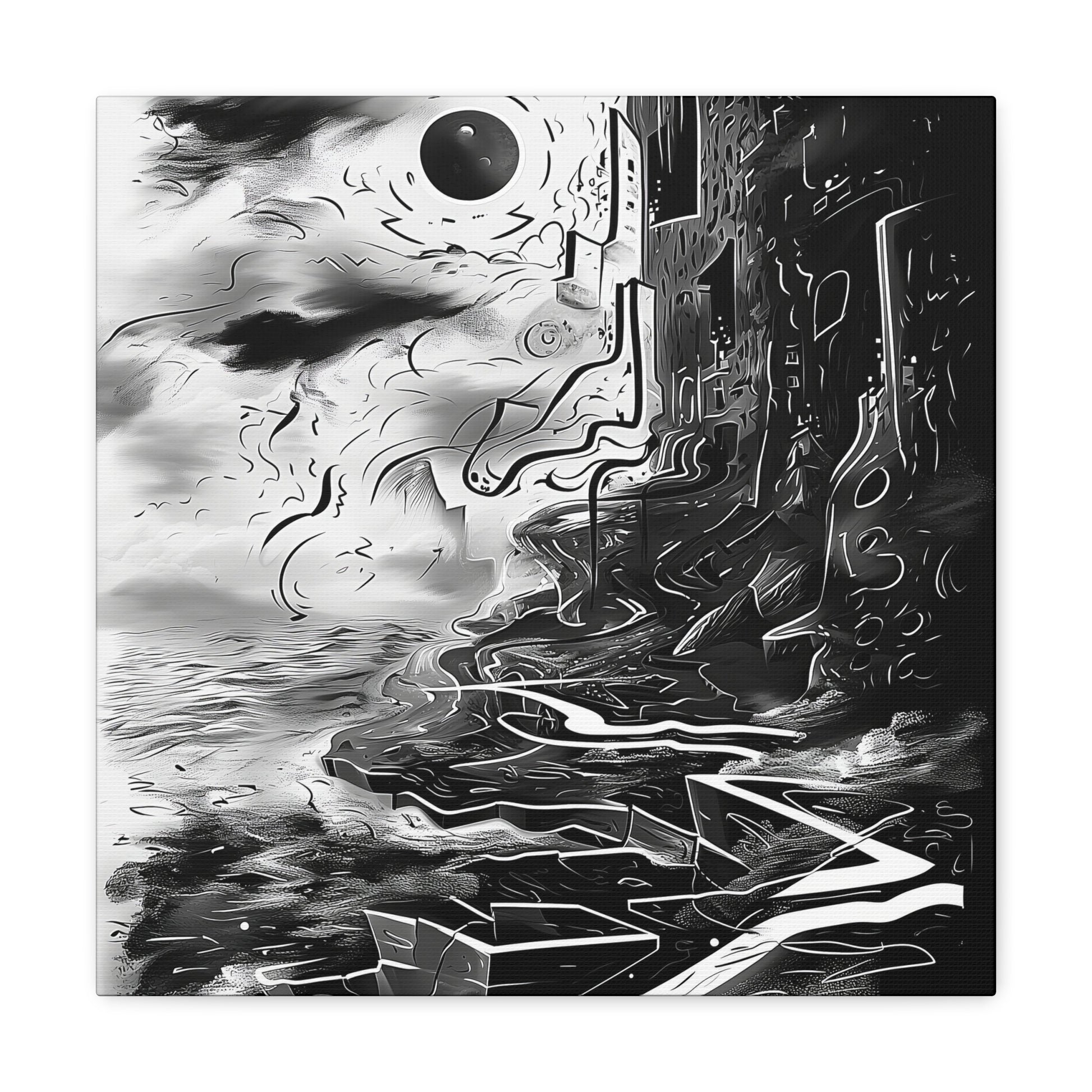 Transform your space with our stunning canvas wall art, where dreamlike visions meet abstract creativity. Available in small, medium, and large sizes, each canvas pi"Gone" - Monochromatic Cliff Above Water | Abstract Canvas Wrap Wall ACanvas- Canvas Gallery WrapsEndlessMind Creations Printify