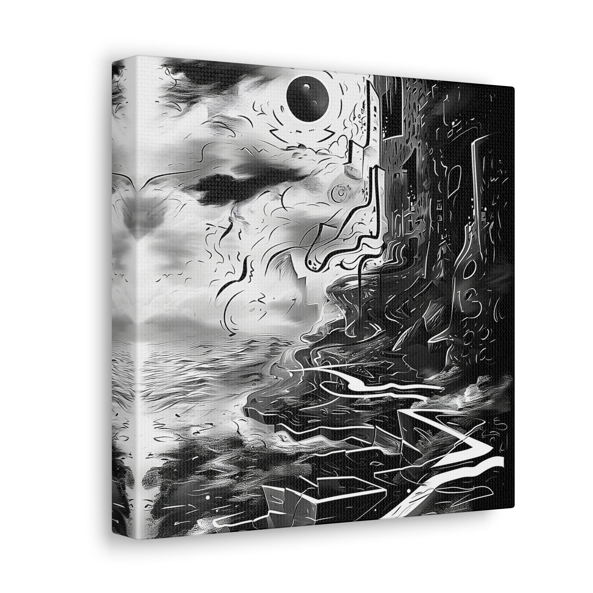 Transform your space with our stunning canvas wall art, where dreamlike visions meet abstract creativity. Available in small, medium, and large sizes, each canvas pi"Gone" - Monochromatic Cliff Above Water | Abstract Canvas Wrap Wall ACanvas- Canvas Gallery WrapsEndlessMind Creations Printify