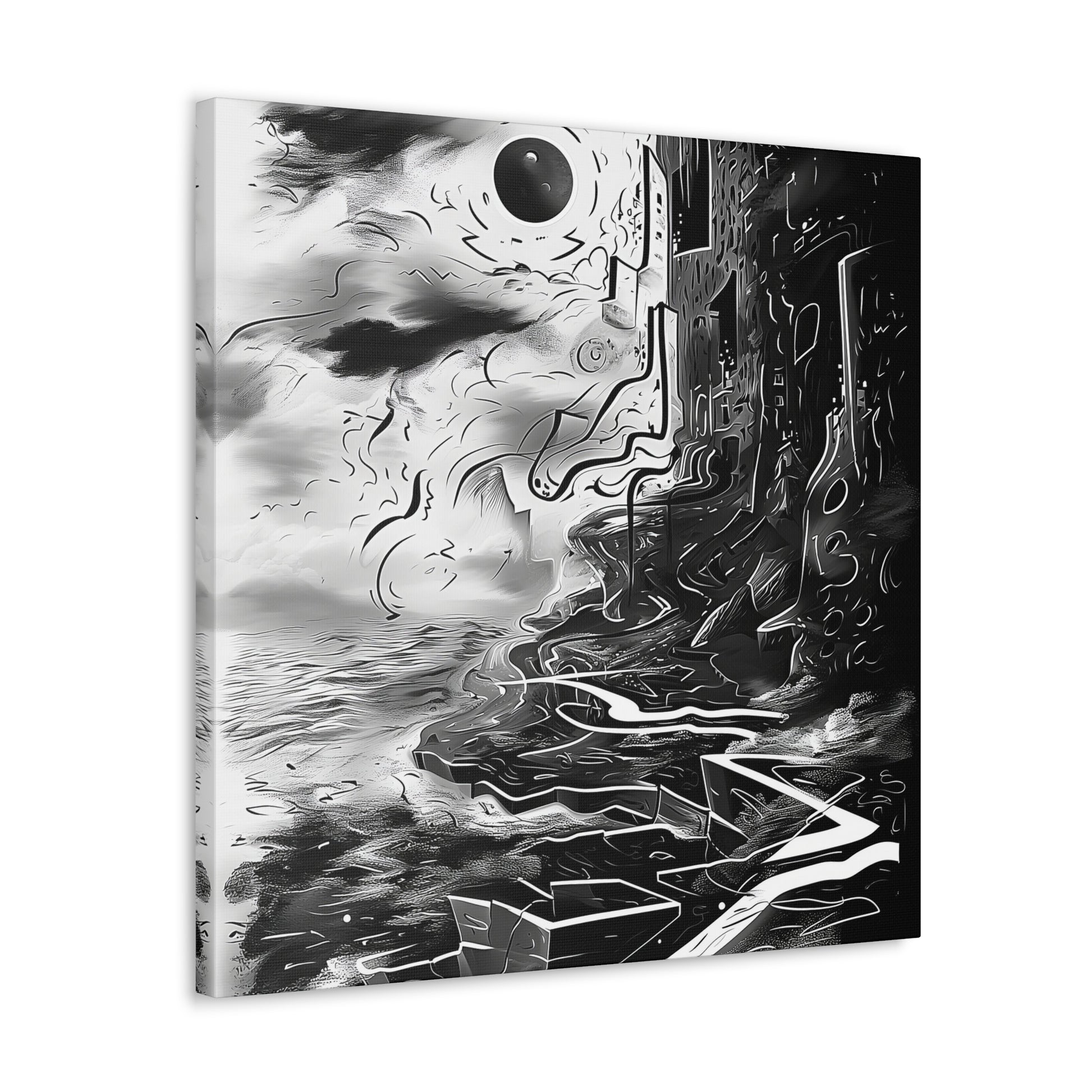 Transform your space with our stunning canvas wall art, where dreamlike visions meet abstract creativity. Available in small, medium, and large sizes, each canvas pi"Gone" - Monochromatic Cliff Above Water | Abstract Canvas Wrap Wall ACanvas- Canvas Gallery WrapsEndlessMind Creations Printify