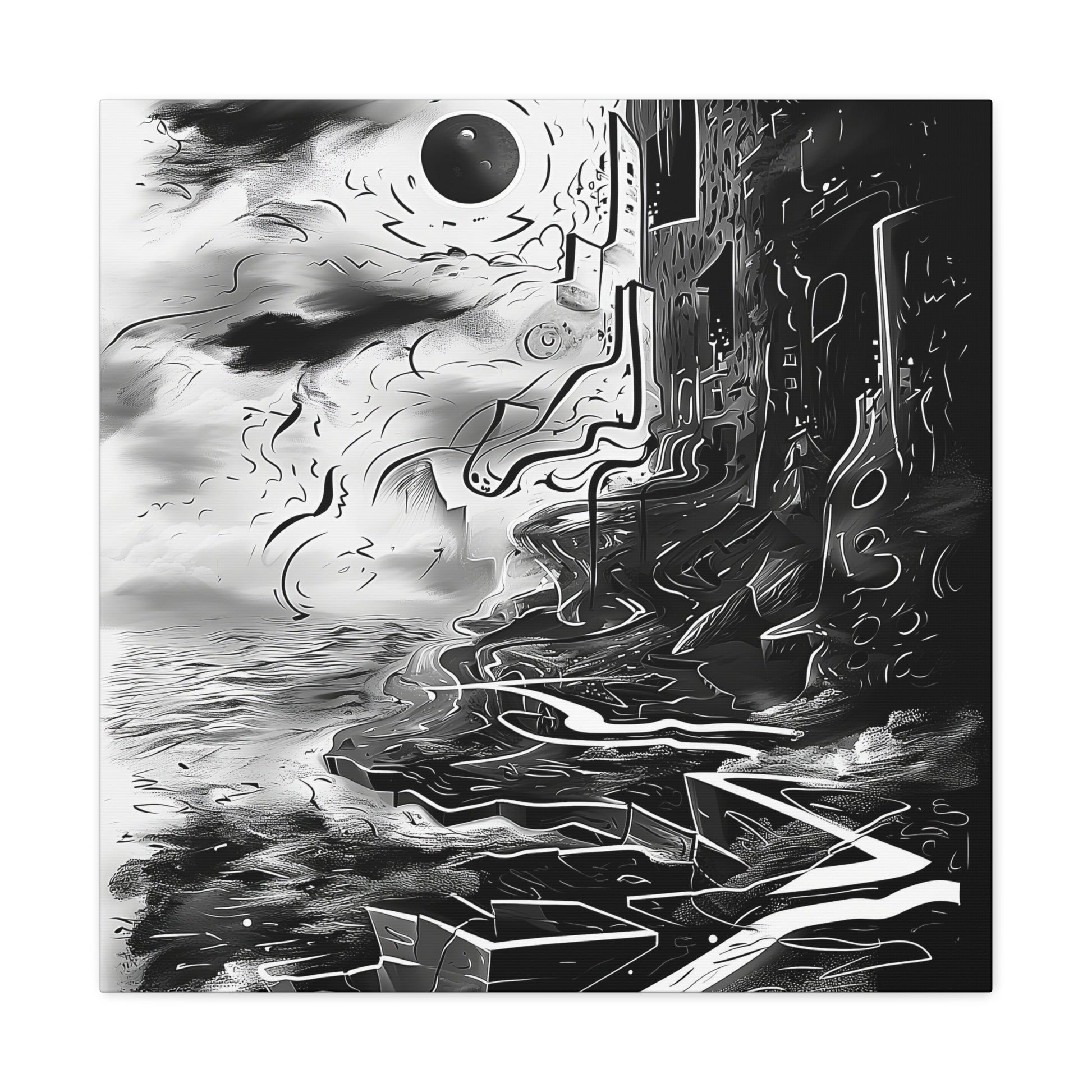 Transform your space with our stunning canvas wall art, where dreamlike visions meet abstract creativity. Available in small, medium, and large sizes, each canvas pi"Gone" - Monochromatic Cliff Above Water | Abstract Canvas Wrap Wall ACanvas- Canvas Gallery WrapsEndlessMind Creations Printify