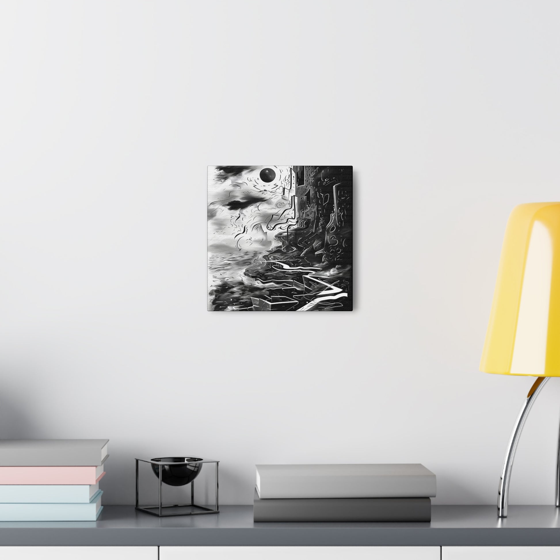 Transform your space with our stunning canvas wall art, where dreamlike visions meet abstract creativity. Available in small, medium, and large sizes, each canvas pi"Gone" - Monochromatic Cliff Above Water | Abstract Canvas Wrap Wall ACanvas- Canvas Gallery WrapsEndlessMind Creations Printify