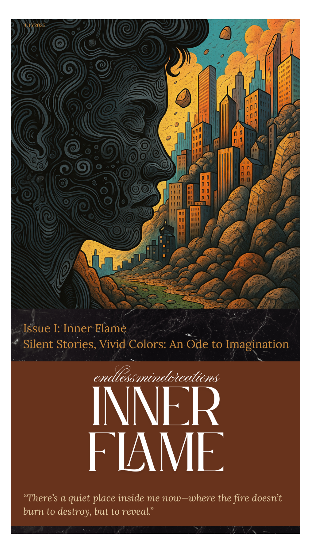 Book cover of 'Inner Flame' with artistic depiction of a face and cityscape.