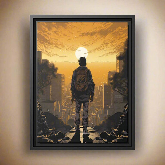 sunset canvas wall art golden sunset overcast a city, young man ponders his future, black art, black owned