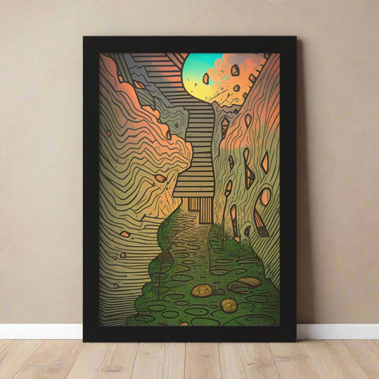 Transform your space with our stunning framed art, where dreamlike visions meet abstract creativity. Available in various sizes, each piece invites you into a world "Climb Up" - Whimsical Dream-like Browns and Greens | AI Generated FraPoster- Framed Vertical PosterEndlessMind Creations Printify