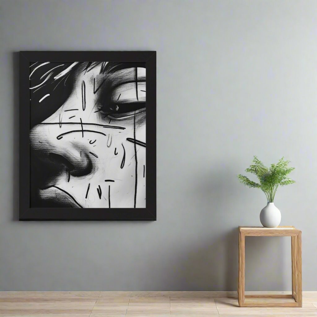 Transform your space with our stunning framed art, where dreamlike visions meet abstract creativity. Available in various sizes, each piece invites you into a world "Awakened" - Black and White Close Up Portrait | Introspective Framed PosterAwakened - Framed Vertical PosterEndlessMind Creations Printify