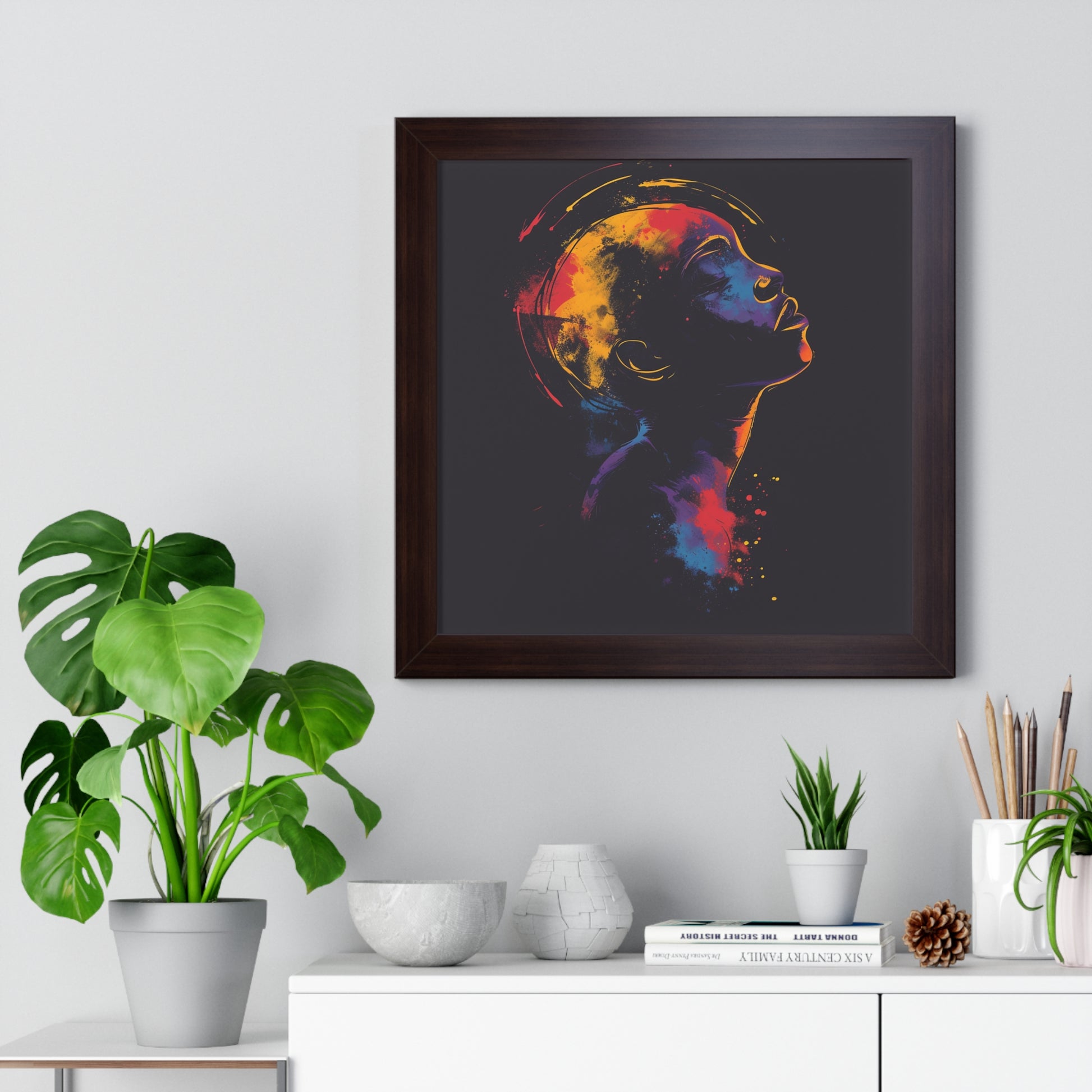 Transform your space with our stunning framed art, where dreamlike visions meet abstract creativity. Available in various sizes, each piece invites you into a world "Spaced In" - Introspective Wall Art | Vivid Pinks, Blues, Yellows, SlPoster- Framed Vertical PosterEndlessMind Creations Printify