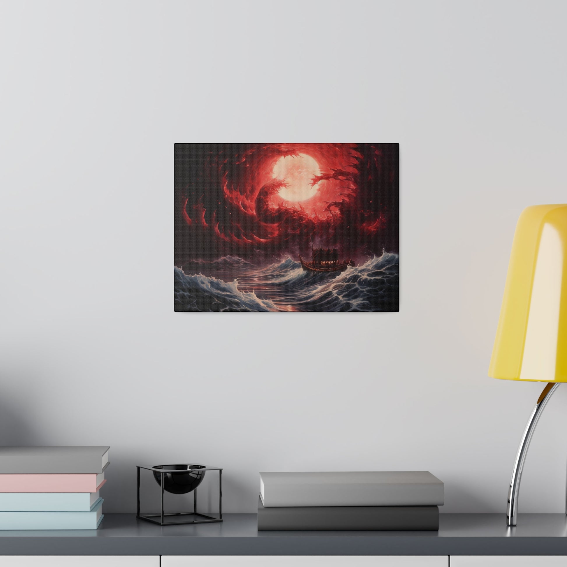 Transform your space with our stunning canvas wall art, where dreamlike visions meet abstract creativity. Available in small, medium, and large sizes, each canvas pi"RedDream" - Stormy Waves, Boat Against Red Sunset | AI generated WallCanvasRedDream - Matte Canvas, Stretched, 0EndlessMind Creations Printify