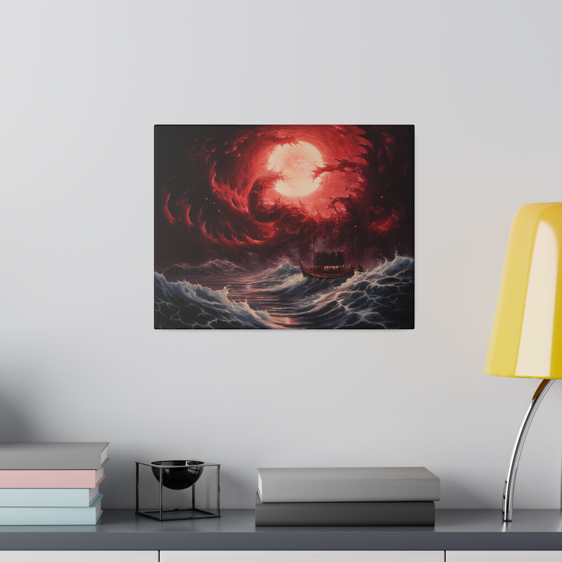 Transform your space with our stunning canvas wall art, where dreamlike visions meet abstract creativity. Available in small, medium, and large sizes, each canvas pi"RedDream" - Stormy Waves, Boat Against Red Sunset | AI generated WallCanvasRedDream - Matte Canvas, Stretched, 0EndlessMind Creations Printify