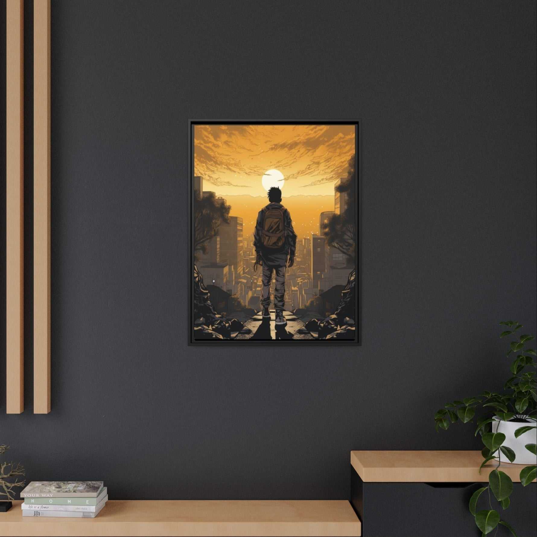 sunset canvas wall art golden sunset overcast a city, young man ponders his future, black art, black owned