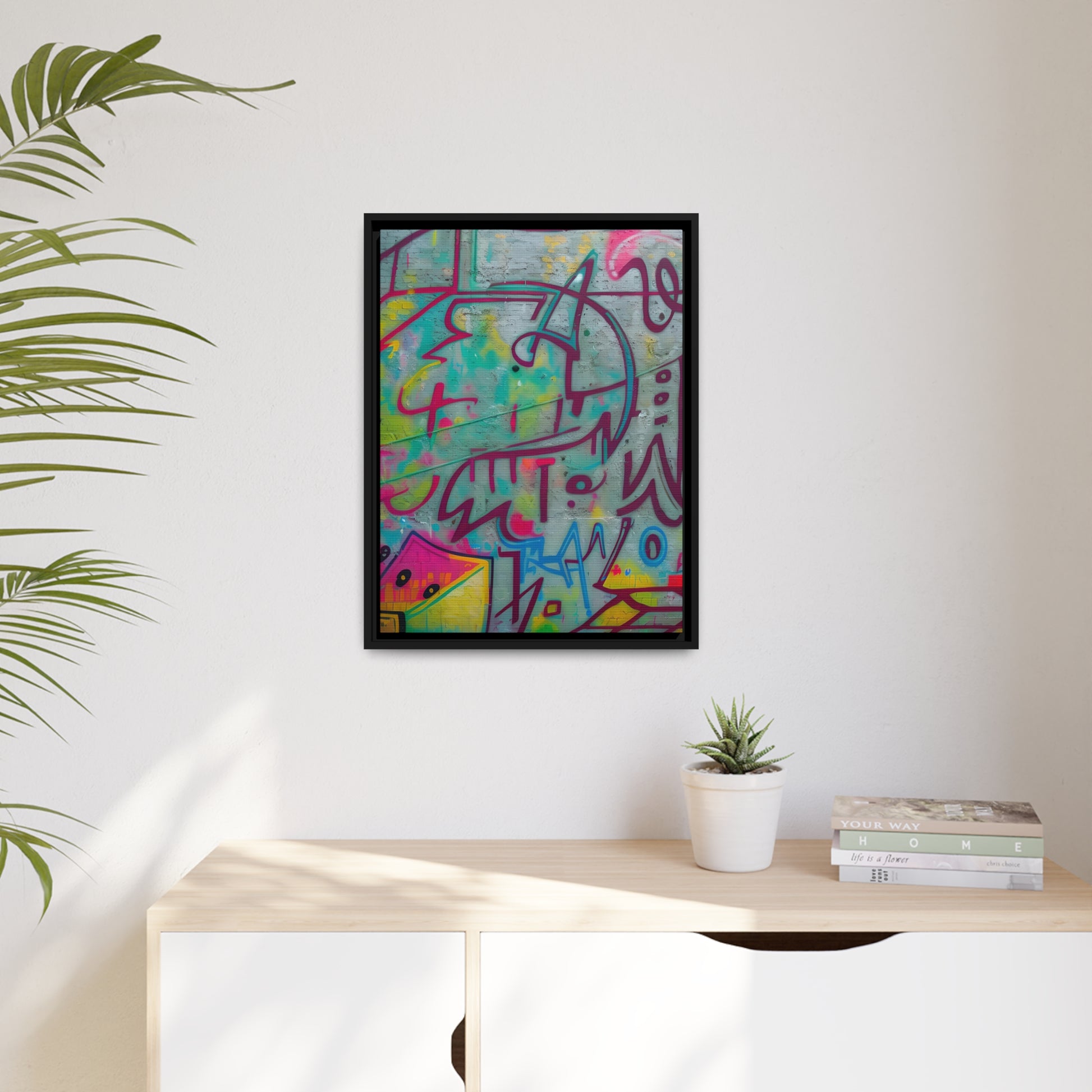 Every print in a black pinewood frame will look sleek and beautiful in any interior. Your original designs will be printed on the cotton-polyester canvas with a spec"AMone't Graffiti Extended" - Colorful Retro Abstract Wall Art | MatteCanvasGraffiti - Matte Canvas, Black FrameEndlessMind Creations Printify