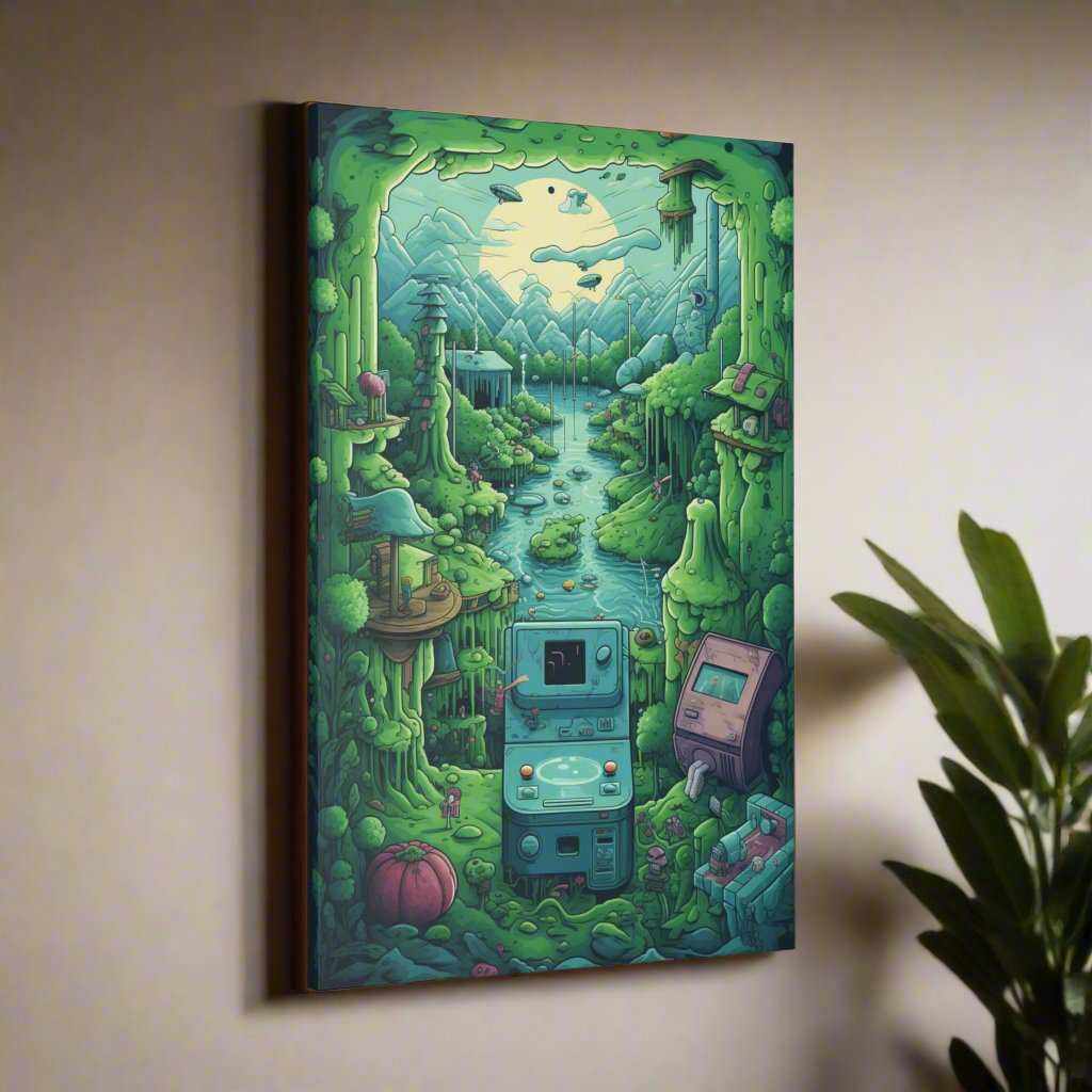 gamer wall decor green and blue console 