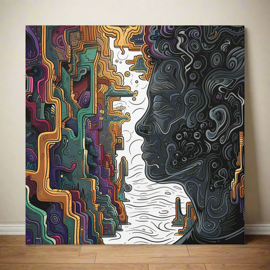 mind blowing mystical intriguing wall art of dark side profile facing colorful line art
