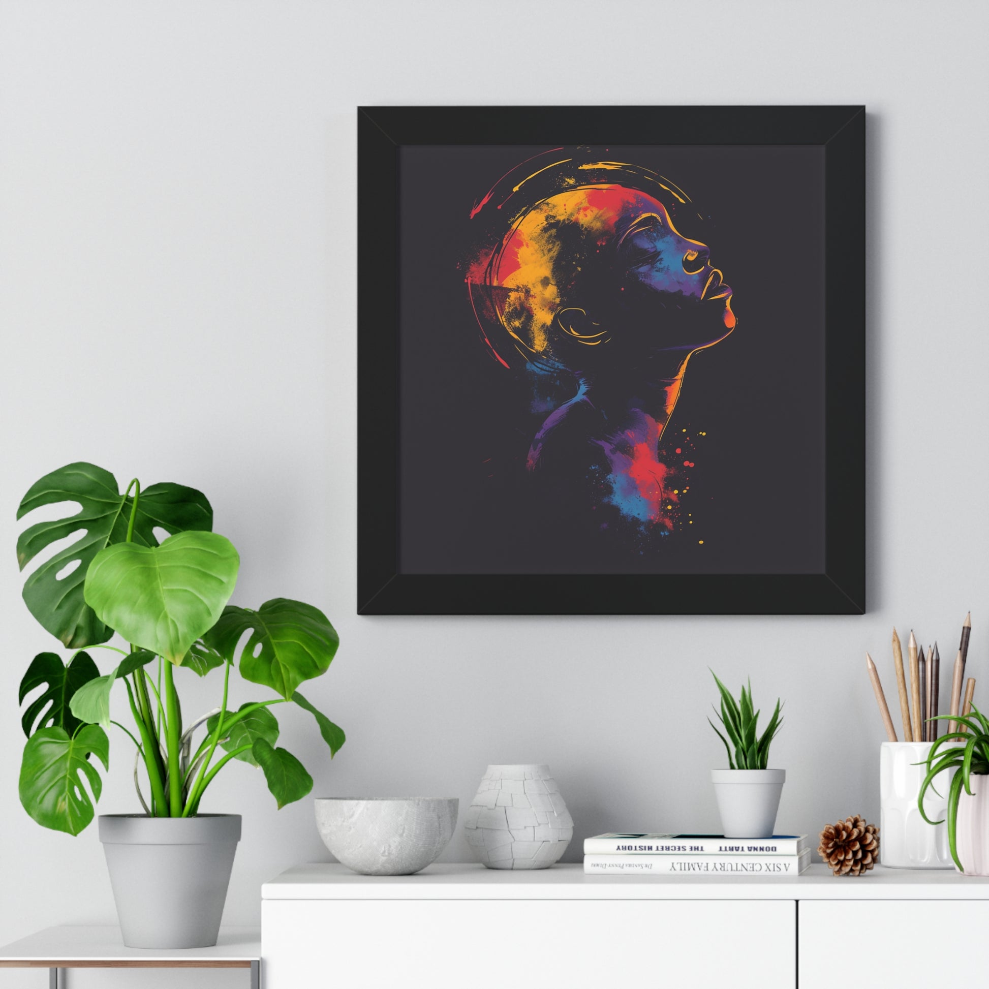 Transform your space with our stunning framed art, where dreamlike visions meet abstract creativity. Available in various sizes, each piece invites you into a world "Spaced In" - Introspective Wall Art | Vivid Pinks, Blues, Yellows, SlPoster- Framed Vertical PosterEndlessMind Creations Printify