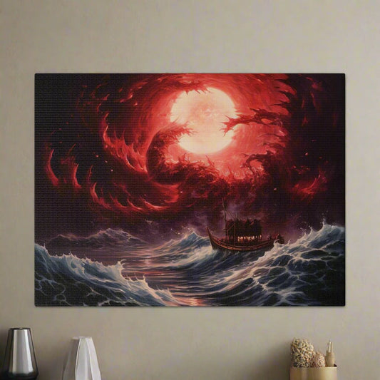 Transform your space with our stunning canvas wall art, where dreamlike visions meet abstract creativity. Available in small, medium, and large sizes, each canvas pi"RedDream" - Stormy Waves, Boat Against Red Sunset | AI generated WallCanvasRedDream - Matte Canvas, Stretched, 0EndlessMind Creations Printify