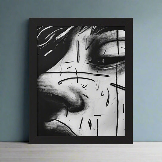 Transform your space with our stunning framed art, where dreamlike visions meet abstract creativity. Available in various sizes, each piece invites you into a world "Awakened" - Black and White Close Up Portrait | Introspective Framed PosterAwakened - Framed Vertical PosterEndlessMind Creations Printify