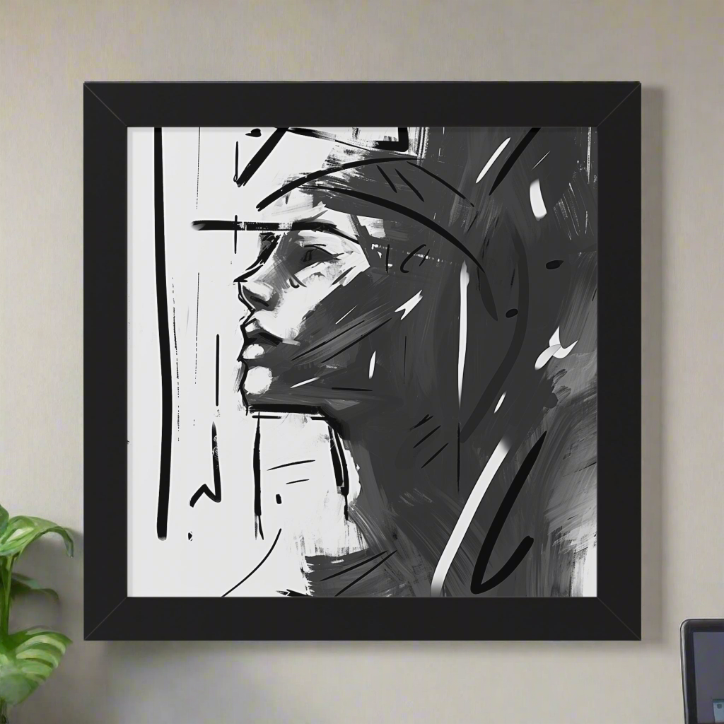Framed Poster sleek black and white silhouette face side profile thoughtful expression 