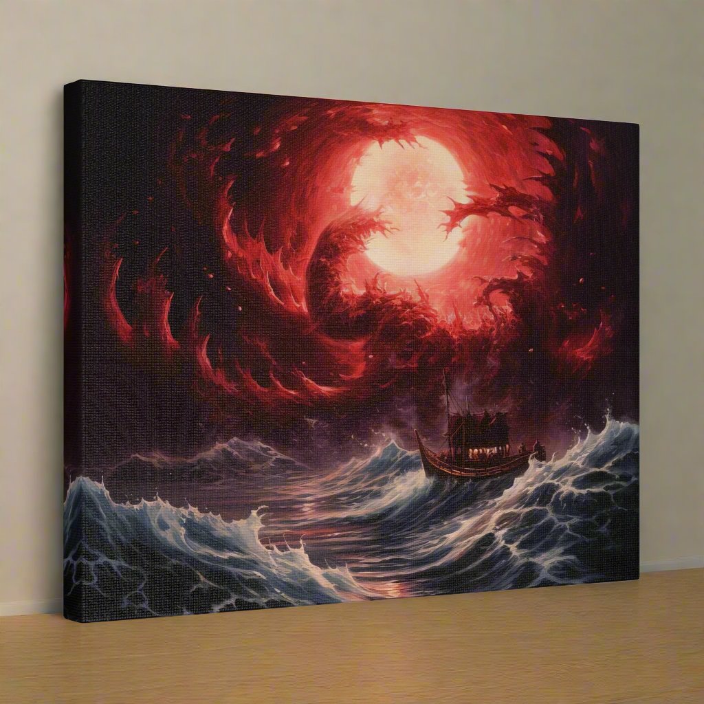 Transform your space with our stunning canvas wall art, where dreamlike visions meet abstract creativity. Available in small, medium, and large sizes, each canvas pi"RedDream" - Stormy Waves, Boat Against Red Sunset | AI generated WallCanvasRedDream - Matte Canvas, Stretched, 0EndlessMind Creations Printify