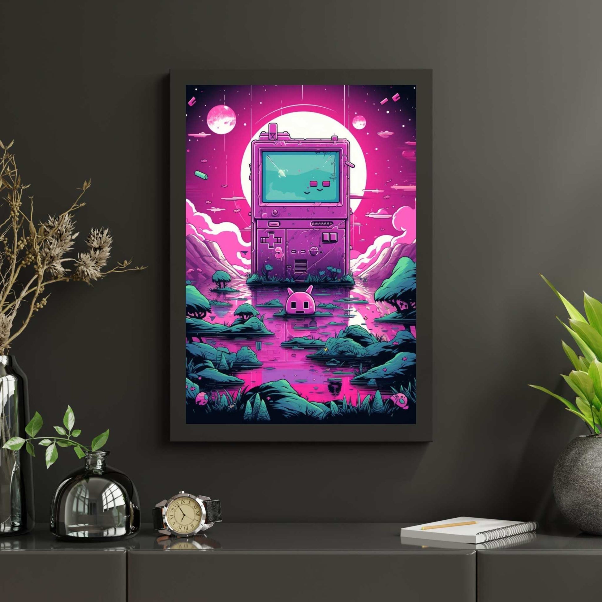 Gamer Bundle ~ Gaming Wall Art Print Collection for Gaming Room pinks and blue overgrown console  Endlessmindcreations