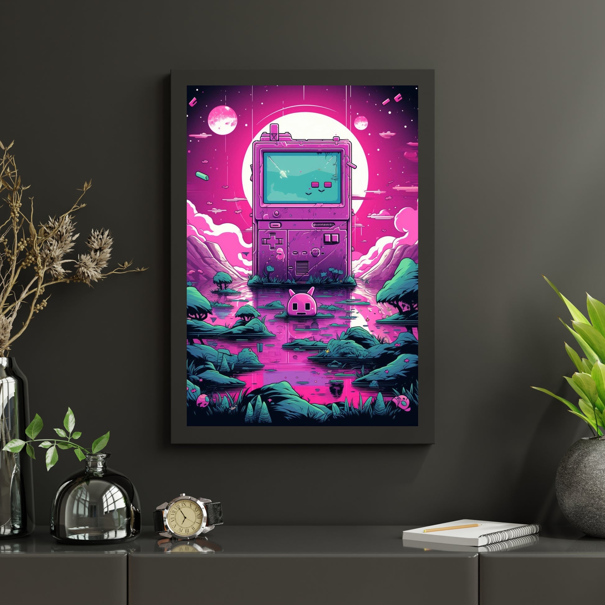 Every print in a black pinewood frame will look sleek and beautiful in any interior. Your original designs will be printed on the cotton-polyester canvas with a spec"Game Play" - Imaginative Pink and Team Gamer Wall Art | AI generated CanvasGame Play - Matte Canvas, Black FrameEndlessMind Creations Printify