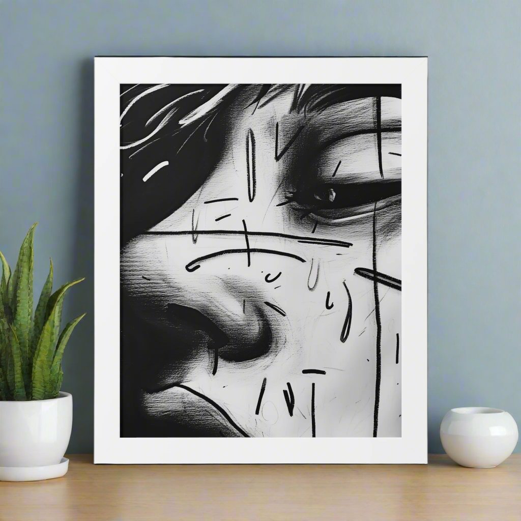 Transform your space with our stunning framed art, where dreamlike visions meet abstract creativity. Available in various sizes, each piece invites you into a world "Awakened" - Black and White Close Up Portrait | Introspective Framed PosterAwakened - Framed Vertical PosterEndlessMind Creations Printify